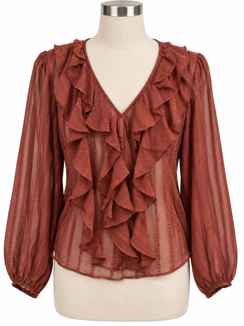 Joie NWT Ruffle Sheer Textured Blouse Rust Brown Size S